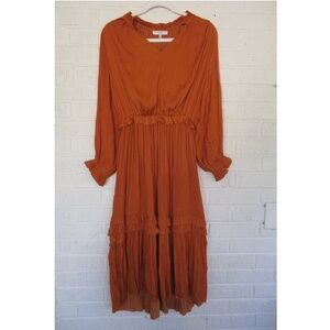 Current Air Burnt Orange Long Sleeve Shirred Pleated Midi Dress
